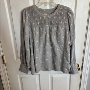 LOFT Gray Blouse with White Embroidery